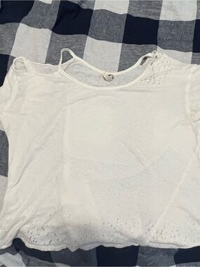 We The Free White Short Sleeve Pin Hole Knit Top with One Cold Shoulder